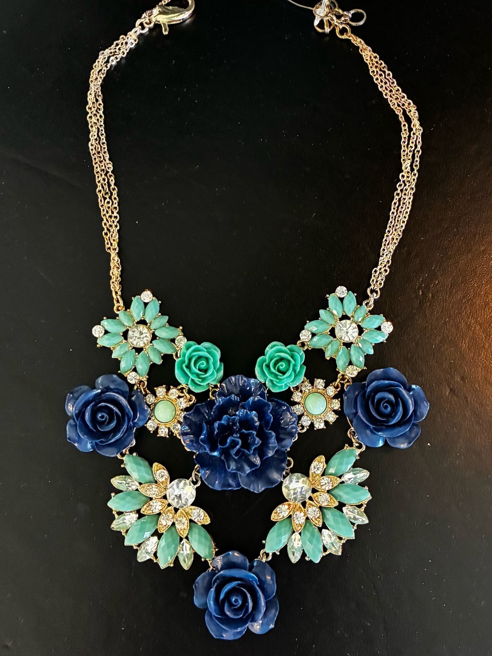 Statement Floral Bib Necklace in Navy and Teal - NIB Adjustable
Length